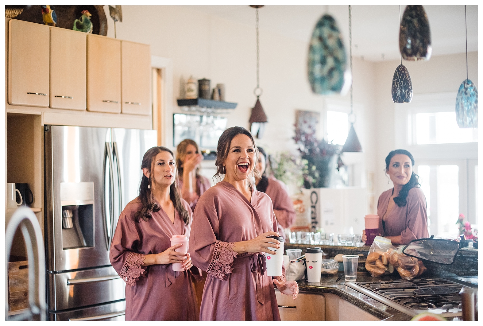 candid photography, happy wedding, dusty rose robe, dusty rose bridesmaid robe, reaction, bridesmaids first look, bridesmaids reaction