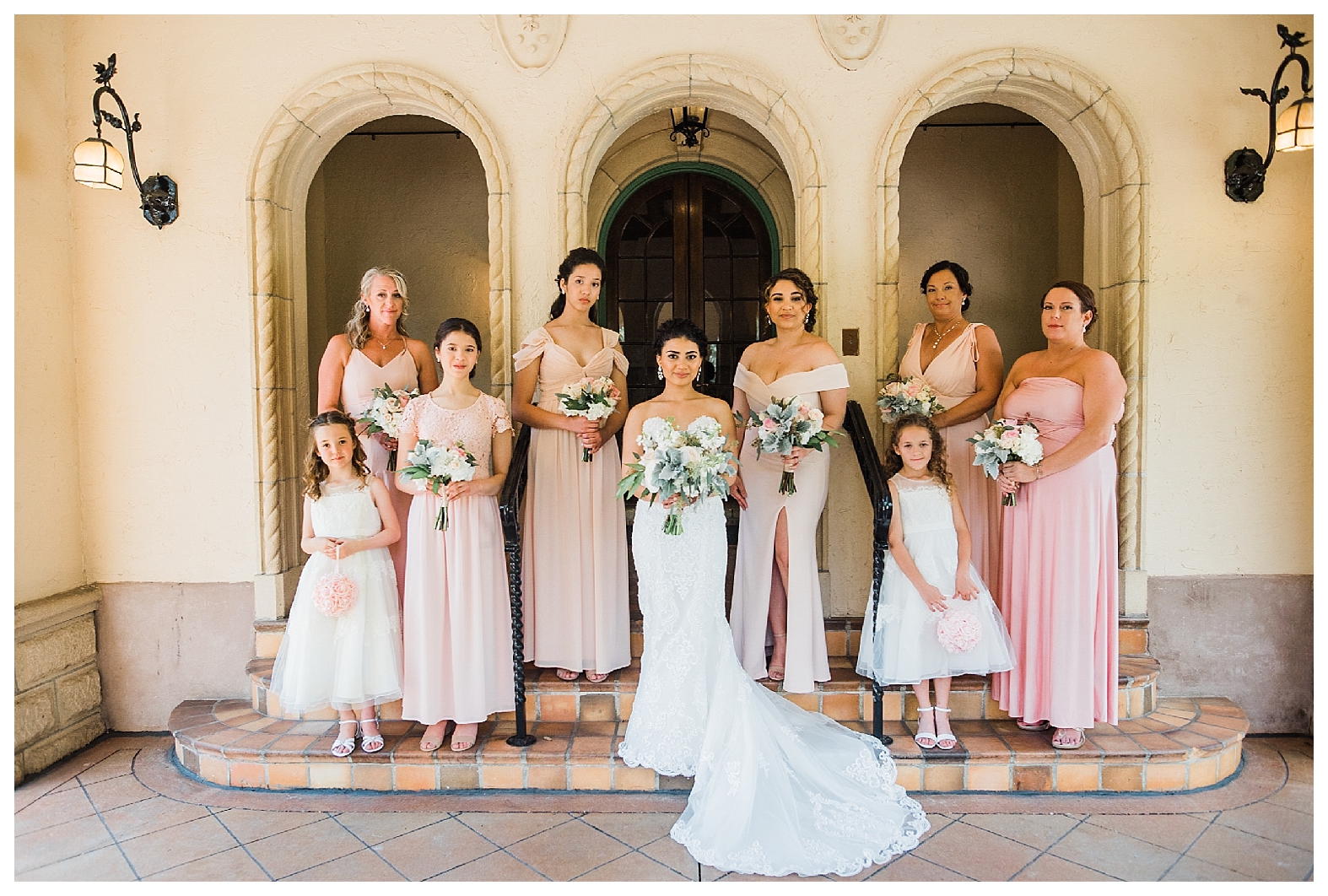 Wedding at Powel Crosley Estate - Sarasota Wedding Photographer, bride and bridesmaids, bride and bridesmaids portraits, pink bridesmaids dresses, mix match bridesmaids dresses